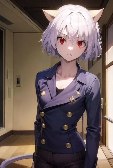 anime girl with cat ears and purple outfit standing in a hallway