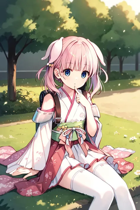 anime girl sitting on the ground in a park with a backpack