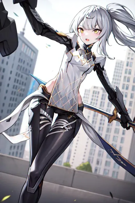 <lora:gwedaArtstyle_v10:1> gweda, thin thigh, slender,  from head below legs, 1girl, solo <lora:grig-pynoise:1>origin,ponytail,mechanical arms, in city, outdoor, landscape, running, expressionless, sword, looking at truck, trucks,