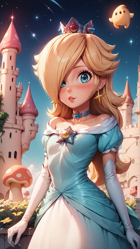 a cartoon princess in a blue dress standing in front of a castle