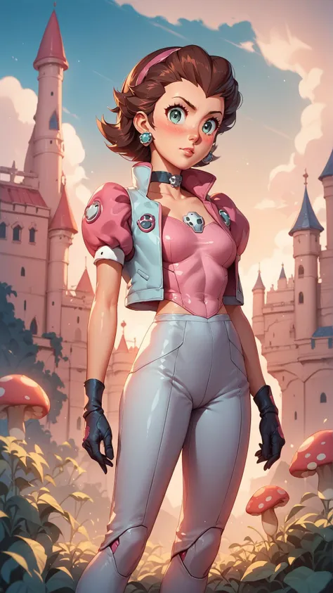 a woman in a pink top and grey pants stands in front of a castle