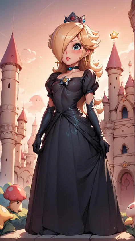 score_9,score_8_up,score_7_up,score_6_up,score_5_up,score_4_up BREAK source_anime,<lora:Princess_Peach_Shiny_Style-000009:1>,1girl,blush,shiny skin,skinny,crown,gloves,choker,outdoors,bloom,dress,pose,castle,sunset,princess rosalina,black hair,black liptic...