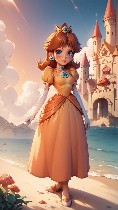 a woman in a dress standing on a beach next to a castle