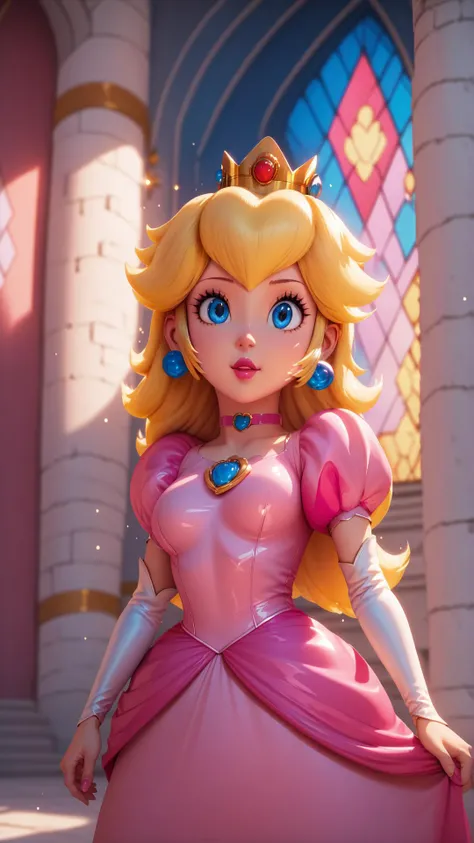 score_9,score_8_up,score_7_up,score_6_up,score_5_up,score_4_up BREAK <lora:Princess_Peach_Shiny_Style_V2:0.9>,skinny,choker,medium breasts,detached sleeves,princess peach,pink dress,castle,indoors,shiny skin,bokeh,bloom,indoors,castle,light particles,