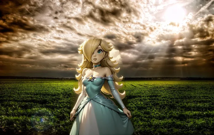 score_9,score_8_up,score_7_up,score_6_up,score_5_up,score_4_up BREAK <lora:Princess_Peach_Shiny_Style-000009:0.9>,skinny,choker,medium breasts,detached sleeves,princess rosalina,dress,clouds,field,