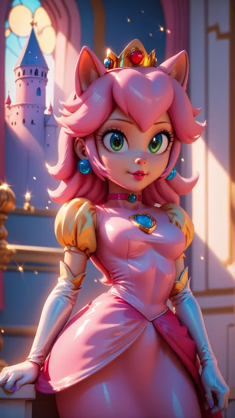 score_9,score_8_up,score_7_up,score_6_up,score_5_up,score_4_up BREAK <lora:Princess_Peach_Shiny_Style_V2:0.9>,skinny,choker,medium breasts,detached sleeves,castle,indoors,shiny skin,bokeh,bloom,indoors,light particles,princess peach,amy rose,source_furry,