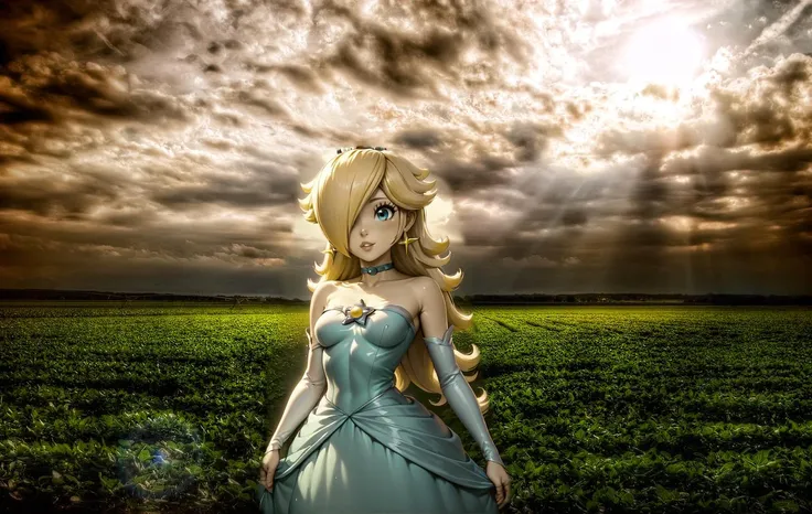 score_9,score_8_up,score_7_up,score_6_up,score_5_up,score_4_up BREAK <lora:Princess_Peach_Shiny_Style-000009:0.9>,skinny,choker,medium breasts,detached sleeves,princess rosalina,dress,clouds,field,