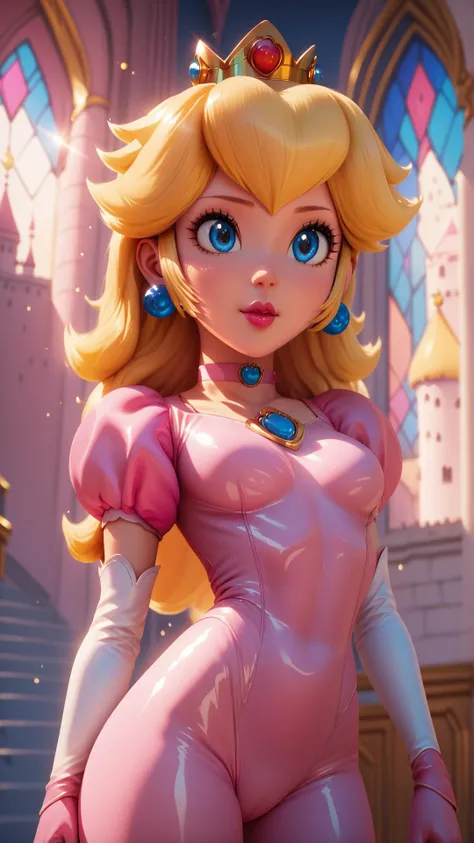 score_9,score_8_up,score_7_up,score_6_up,score_5_up,score_4_up BREAK <lora:Princess_Peach_Shiny_Style_V2:0.9>,skinny,choker,medium breasts,detached sleeves,princess peach,castle,indoors,shiny skin,bokeh,bloom,indoors,castle,light particles,catsuit,