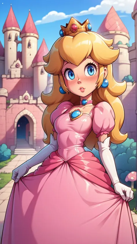 a cartoon princess in a pink dress standing in front of a castle