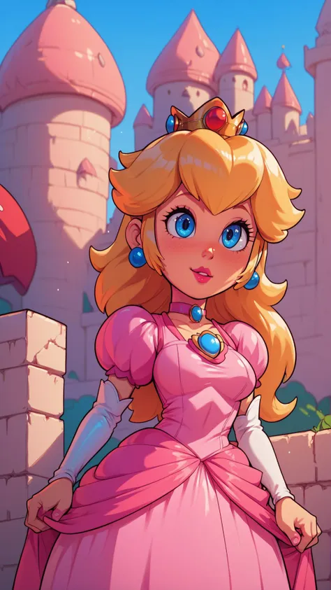 a cartoon princess in a pink dress standing in front of a castle