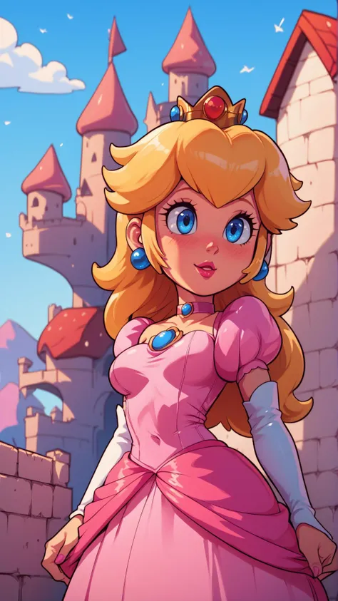 a cartoon princess in a pink dress standing in front of a castle