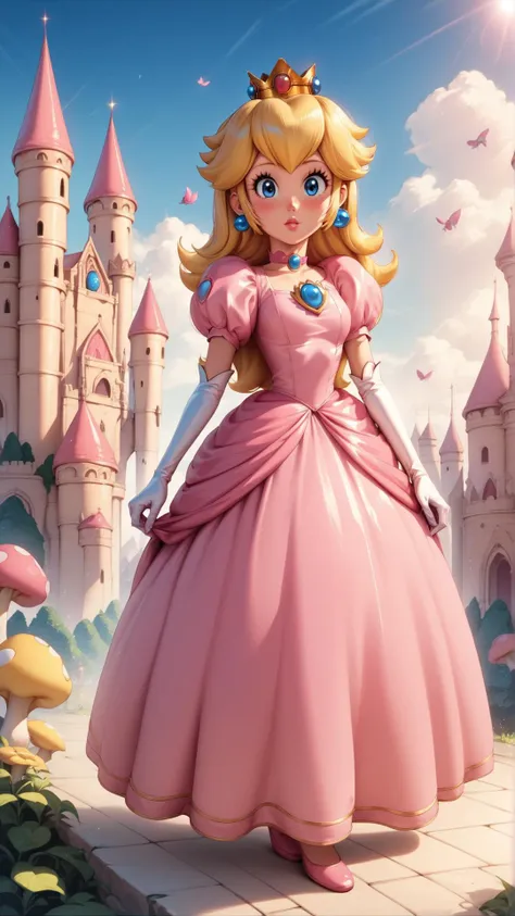 a cartoon princess in a pink dress standing in front of a castle