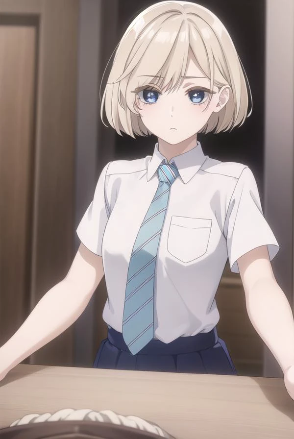 niinasugawara, <lora:niina sugawara s1-lora-nochekaiser:1>,
niina sugawara, short hair, blue eyes, blonde hair,
BREAK skirt, shirt, school uniform, white shirt, short sleeves, necktie, striped, collared shirt, shirt tucked in, striped necktie,
BREAK indoor...