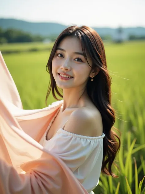 very beautiful celebrity girl  holding a flowing waving scarf,lovely smile, professional sexy advertising photography at rice pa...