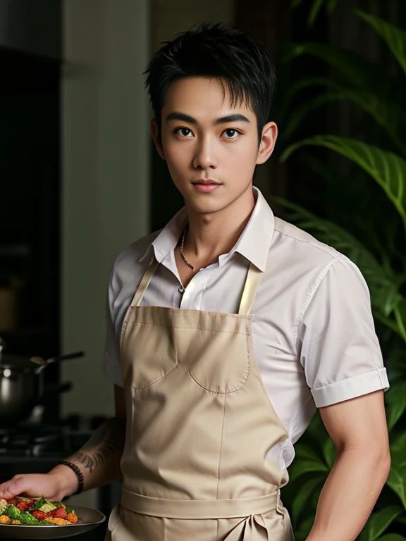 a highly detailed full body Photo of a young man with mid-long curly hair working hard in a restaurant kitchen, naked only in a dark green apron, a black bowtie, people in the background, ((extreme close up)), (pale), 1boy, solo, (Detailed Face), (perfect...