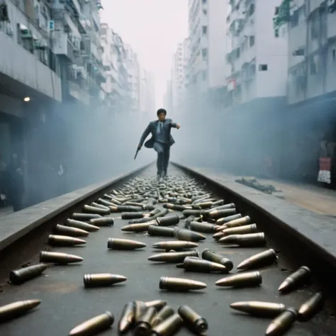 cinematic film still of  <lora:Hong Kong action cinema style:1>
 <lora:Kodak Motion Picture Film Style v4:0.5>
In the 1980s In Hong Kong China a person walking on a rail with a bunch of bullet shells,weapon,blurry,gun,no humans,bullet,shell casing,Asian,ci...