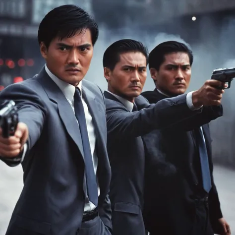 cinematic film still of <lora:Hong Kong action cinema style:1>
<lora:Kodak Motion Picture Film Style v4:0.5>
In the 1980s In Hong Kong China two men in suits holding guns and pointing them at something,black hair,1boy,holding,weapon,male focus,multiple b...