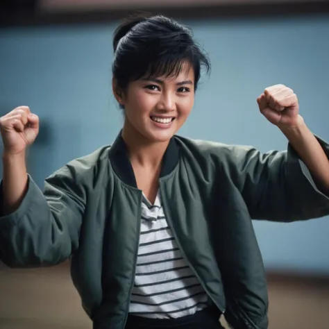 cinematic film still of  <lora:Hong Kong action cinema style:1>
 <lora:Kodak Motion Picture Film Style v4:0.3>
In the 1980s In Hong Kong China an action hero cute hair woman in a striped jacket is doing a karate pose at the camera,1girl,solo,smile,shirt,bl...