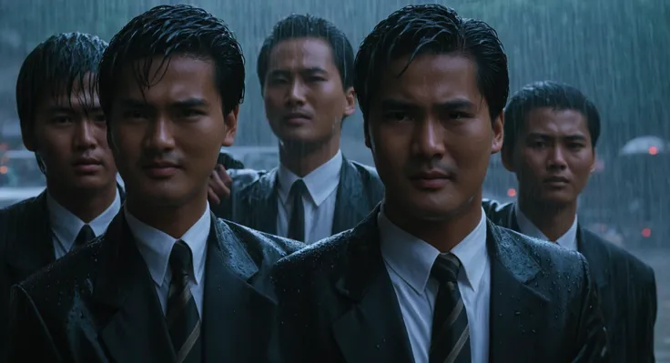 cinematic film still of  <lora:Hong Kong action cinema style:1>
In the 1980s In Hong Kong China three different wet men in suits and ties are hugging each other in rain,smile,short hair,shirt,black hair,jacket,closed eyes,white shirt,upper body,male focus,...