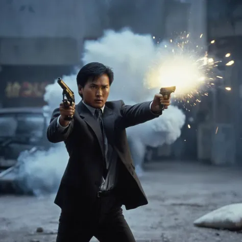 cinematic film still of  <lora:Hong Kong action cinema style:1>
 <lora:Kodak Motion Picture Film Style v4:0.3>
In the 1980s In Hong Kong China a man in a suit holding shooting a gun with flying bullet and muzzle flash fire and while flying in air with big ...