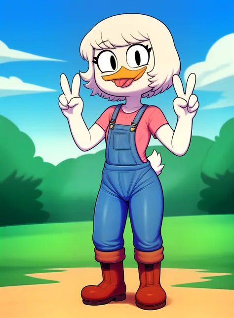 a cartoon duck with a pink shirt and overalls standing in a field