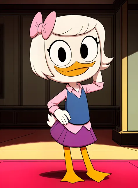 a cartoon duck with a pink bow standing in a room