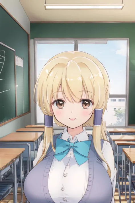 anime girl in a classroom with a blackboard and desk