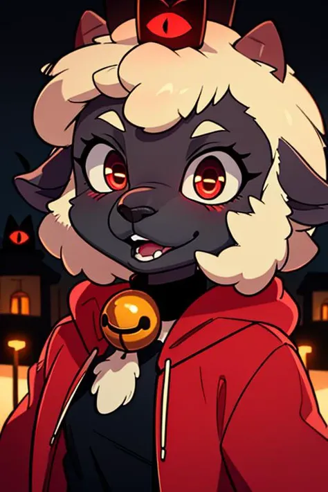 cultofthelamb, furry male anthro, sheep, young, portrait, close-up, black body, red crown, bell collar, (red hoodie:1.2), fur trim, solo, (body fur:1.2), (best quality), (detailed urban background:1.2), dramatic lighting, (detailed fluffy fur:1.1), looking...