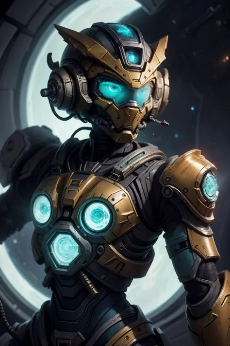 a close up of a robot with glowing eyes and a helmet