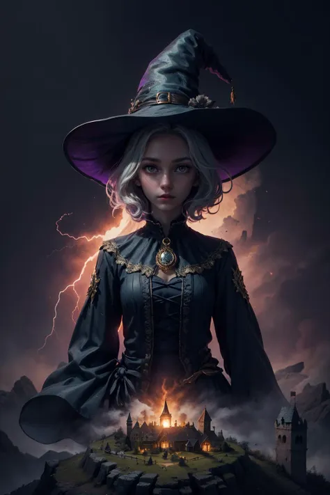 a woman in a witch hat and black dress standing on a hill