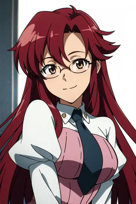 Simple White Background, necktie, puffy sleeves, long sleeves, White Shirt,<lora:Yoko_littner_GurrenLagann-KK77-V1:0.7>, yoko littner, glasses, teacher, bangs, brown eyes, hair between eyes, red hair, <lora:Mariana_Luciano_NON_VIRGIN-KK77-V1:0.3>,<lora:mor...