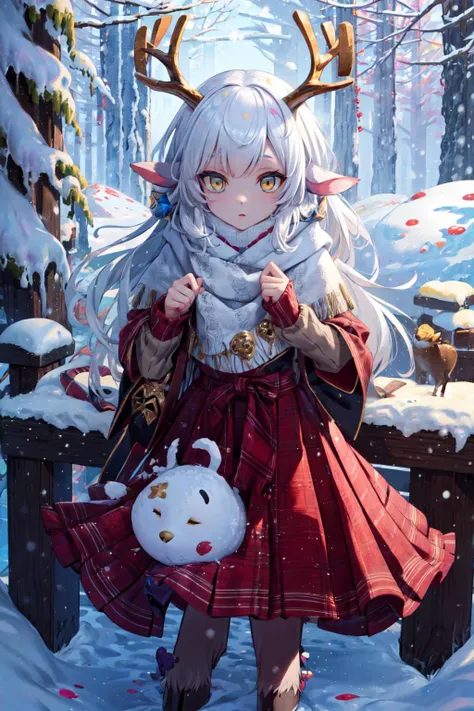 A monster girl,1girl, electric white hair,  deer ears ,deer tail, forest,  curious expression, soft fur,forest environment,mysterious enchanting atmosphere,(long skirt:1.5) ,(yellow pantyhose stocking:1.2)<lora:detail_slider_v4:2>  ,magical, winter, realm,...