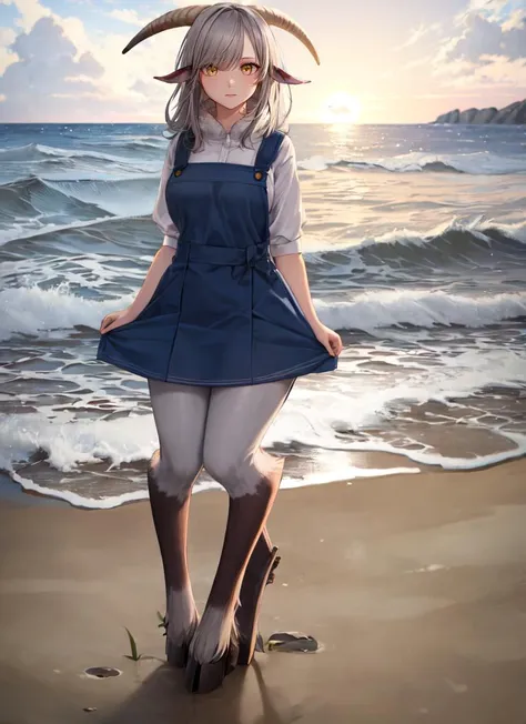 anime girl with horns standing on the beach at sunset