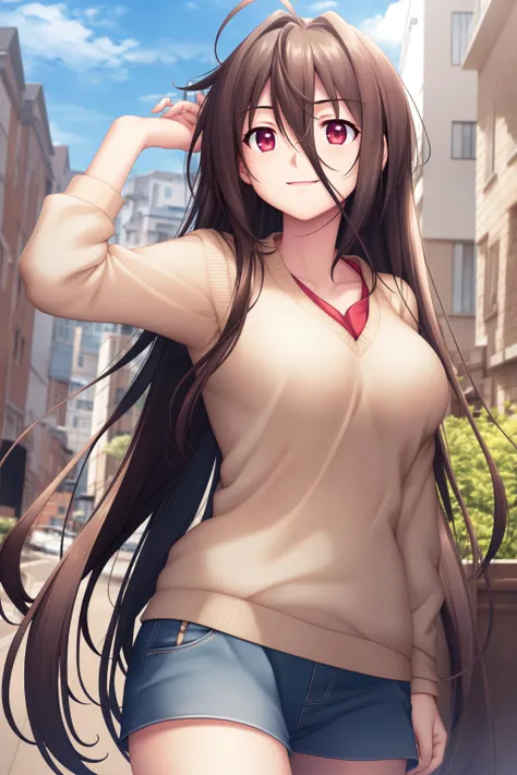 ((usami haru)), ((game cg)), 1girl, large breasts, long hair, ahoge, light smile, casual, town, outdoors, summer, day, blue sky, couple, date, building,  <lora:haru4-000020:1>, , highres, absurdres,