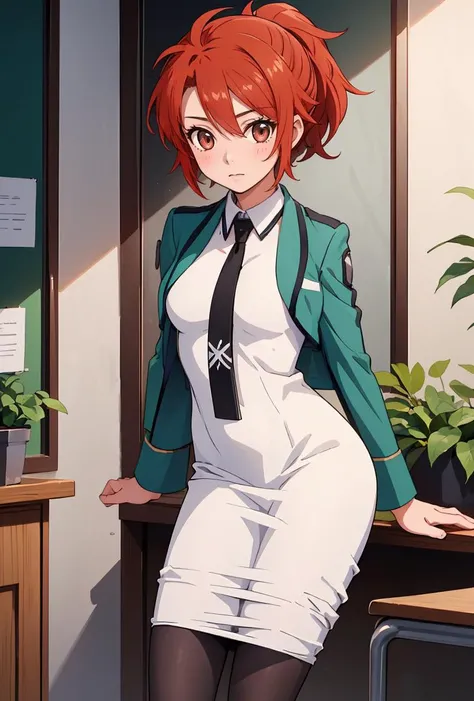 (masterpiece, best quality), 1girl,  <lora:ErikaChiba:0.8> ErikaChiba, 1girl, solo, short hair, red eyes, white dress, brown eyes, green jacket, ponytail, pantyhose, red hair, black necktie, school uniform