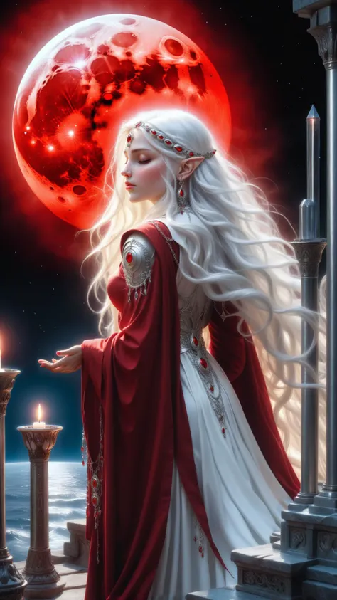 1980s Fantasy Style illustration of a female moon Elf priestess, long wavy white hair, at an altar under the moonlight, blood moon, eerie vibe, mysticism, photo-realism, flattering light, vivid color,  3/4 head-shot, <lora:1980s_Fantasy_Style_test_2:0.8>