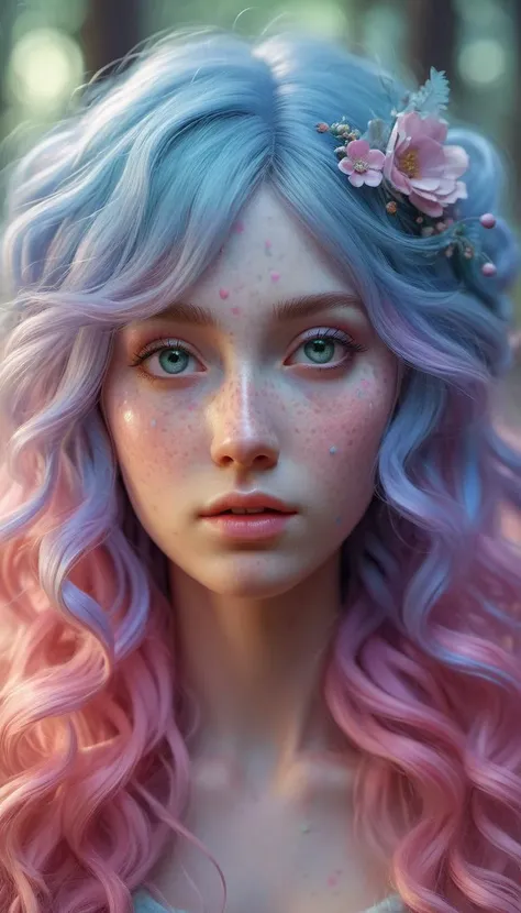 a woman with pink and blue hair and a flower in her hair