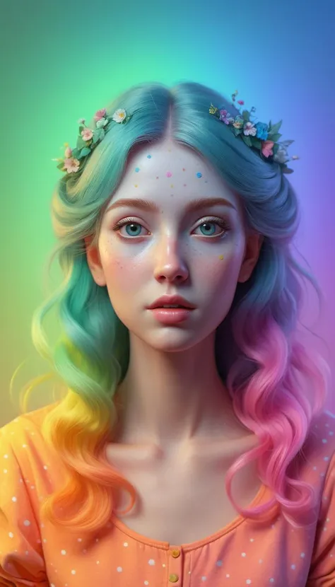 a girl with colorful hair and a flower crown on her head