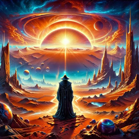 APerson standing on a cold and deserted planet, looking at 2 distant suns in the background, 1980s fantasy style, Masterpiece realistic, best high quality, perfect details, intricate details, nice lighting, detailed background,<lora:1980s_Fantasy_Style_SDX...