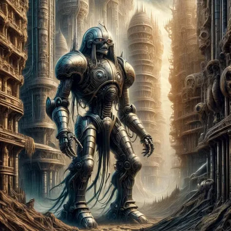 A robot in the drawing from H.R. Giger. In the middle of a massive mechanical city inspired by H. R. Giger , 1980s fantasy style, Masterpiece realistic, best high quality, perfect details, intricate details, nice lighting, detailed background,<lora:1980s_F...