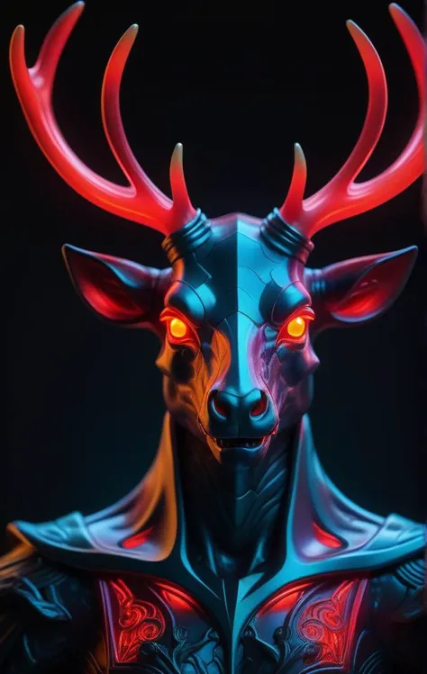 a close up of a deer with horns and glowing eyes