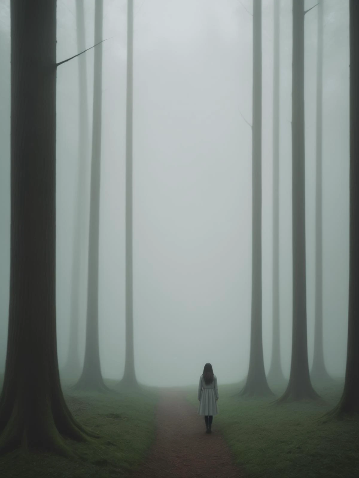 The forest is surrounded by white fog, 1 girl looming, movie texture, HD,8k, photography texture,