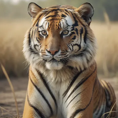 tiger, realistic, HD, HD, background prairie, close shot, film texture, photographic texture