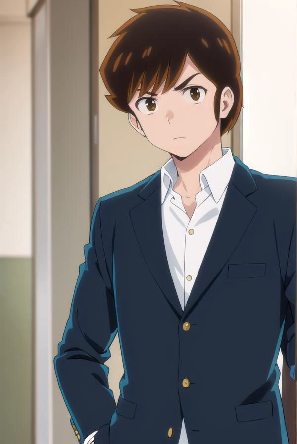 atarumoroboshi, <lora:ataru moroboshi s1-lora-nochekaiser:1>,
ataru moroboshi, brown hair, male focus, (brown eyes:1.5),
BREAK shirt, school uniform, white shirt, collared shirt, pants, black pants, sneakers, gakuran,
BREAK indoors, classroom,
BREAK lookin...