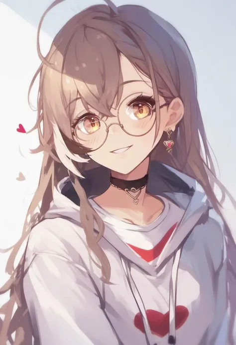 rating_safe, <lora:Nanashi_Mumei_for_PonyXL:1>, nanashi_mumei, solo, looking at viewer, long hair, very long hair, smile, blush, shirt, jewelry, alternate costume, ribbon, official alternate costume, choker, earrings, black choker, hood, glasses, heart, ha...