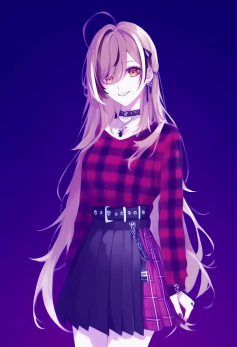 rating_safe, <lora:Nanashi_Mumei_for_PonyXL:1>, nanashi_mumei, solo, looking at viewer, long hair, very long hair, smile, shirt, skirt, alternate costume, ribbon, holding, choker, belt, plaid, pleated skirt, hair ribbon, red skirt, nail polish, emo_outfit,...