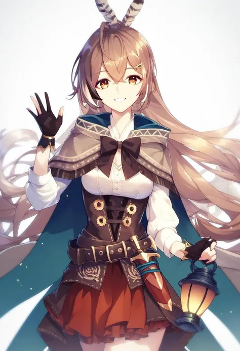 rating_safe, beautiful, <lora:Nanashi_Mumei_for_PonyXL:1>, nanashi_mumei, solo, looking at viewer, long hair, very long hair, smile, default_outfit, cape, weapon, knife, dagger, holding lantern, waving at viewer, hand on hip, score_9, score_8_up, score_7_u...