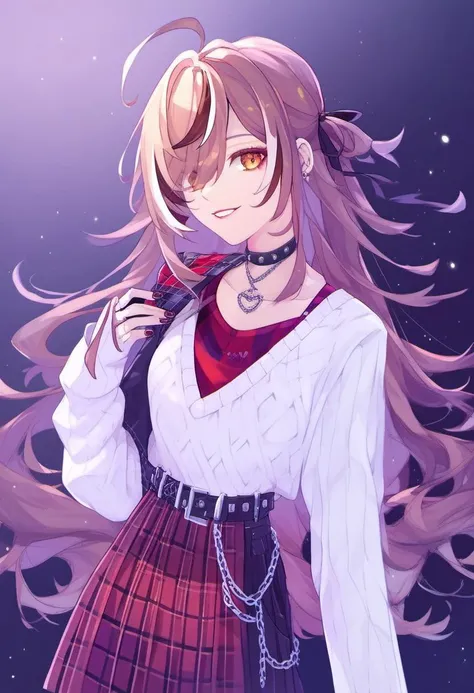 rating_safe, <lora:Nanashi_Mumei_for_PonyXL:1>, nanashi_mumei, solo, looking at viewer, long hair, very long hair, smile, shirt, skirt, alternate costume, ribbon, holding, choker, belt, plaid, pleated skirt, hair ribbon, red skirt, nail polish, emo_outfit,...