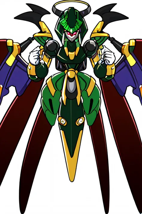 solo digital image of a humanoid robot (medabotV1) with halo horns, no mouth and sharp angular body and wings with 2 arms, 2 hands, 2 legs, and glowing parts, looking at viewer in full view with a random pose, symmetrical body, symmetry, white background, ...