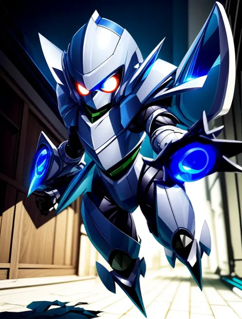 SFW, Solo:1.3,
vivid colors, cinematic hard lighting, realistic shadows, detailed textures, dynamic lighting, cgi, full body,
a highly detailed and realistic MedabotV2, detailed eyes, detailed armor, symmetrical face,
large ((blue eyes):1.1), (glowing eyes...